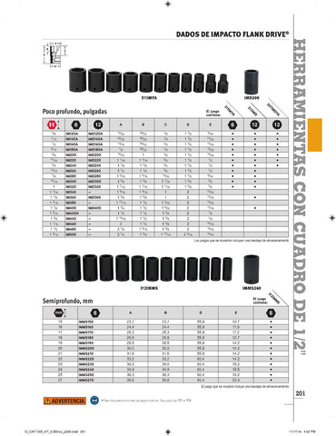 Dado de impacto poco profundo Flank Drive® de 3/8" SAE de 6 puntas con impulsión de 1/2"