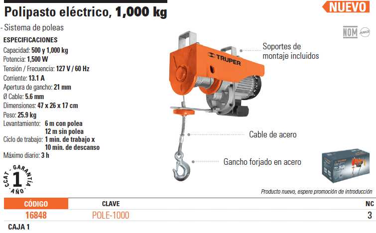 Ficha Tecnica Polipasto eléctrico de 1000 kg, Truper