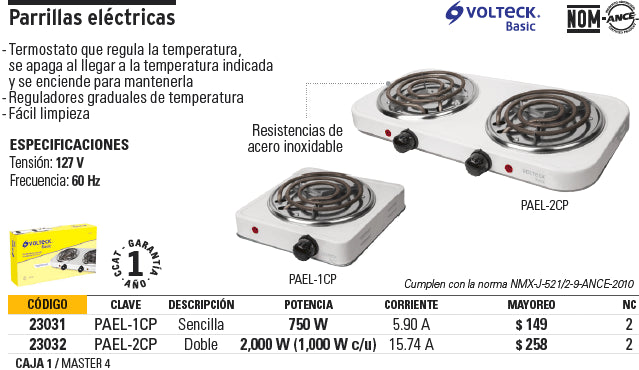 Parrilla Eléctrica 1 Quemador En Espiral Negra Basic VOLTECK