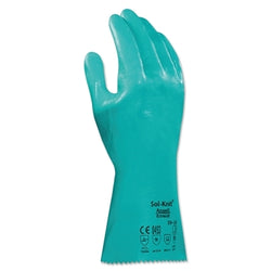 14-inch reinforced nitrile gloves, 39-124, gauntlet cuffs, interlock knit cotton lining, size 10, green