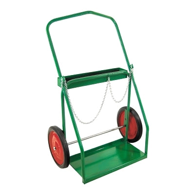 Carro de doble cilindro con estructura de riel bajo, 36" de diámetro exterior (ancho) x 47" de alto (alto), 16" de diámetro x 4" de ancho. Ruedas neumáticas, incluye cadena de seguridad.