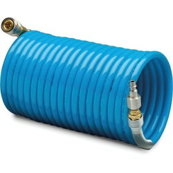 Coiled air breathing hose, 25 ft., 3/8 in. diameter, Hansen coupling connector