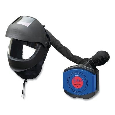 EZ Air Flex respiratory protection mask for grinding and welding, includes headgear, neck protector, battery, strap, blower, charger, downtube, flow tester, shield, lens and bag.