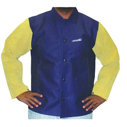 Chaqueta combinada de cuero y satén ignífugo, talla 3XL, azul/bronceado