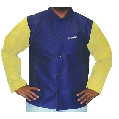 Chaqueta combinada de cuero y satén ignífugo, extragrande, azul/bronceado