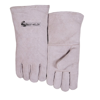 Large, gray leather welding gloves, made of suede cowhide.
