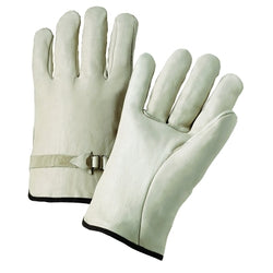 Large, unlined, natural-colored, fine-grain cowhide driving gloves with gathered elastic back.