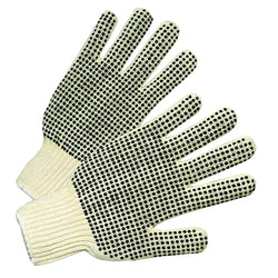 Men's midweight seamless yarn knit gloves with single-sided PVC dot grip, knit cuffs, natural white/black PVC dots