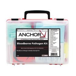 Bloodborne pathogen detection kit, blood spill cleanup kit, plastic case, wall mount