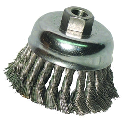 Cepillo de copa de alambre anudado, diámetro de 3 pulg., mandril de 5/8-11 pulg., acero inoxidable de 0,012 pulg.