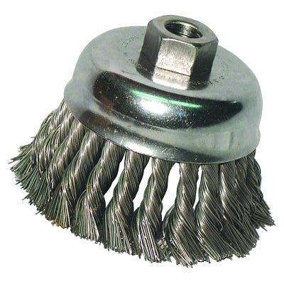 Cepillos de copa tipo nudo, 2 3/4 pulg. de diámetro, acero inoxidable de 0,014 pulg., mandril de 5/8 pulg. - 11 pulg.
