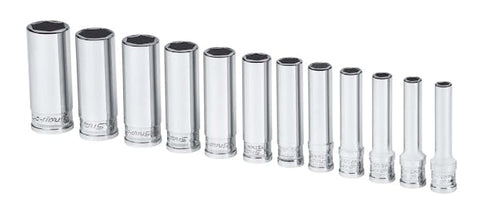 Juego de dados Xtra profundos Flank Drive® métricos de 6 puntas con cuadro de 1/4" (5–15 mm) de 12 piezas