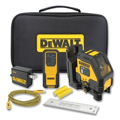 Line laser level kit, USB rechargeable, green, includes remote control, cable, plate and case.