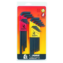 Combination set of L-shaped hex keys, 22 per set, hex tip, inch/metric