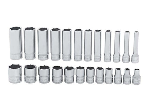 Juego de vasos de 24 piezas con accionamiento de 1/4" y 6 puntos métricos Flank Drive® poco profundos/profundos