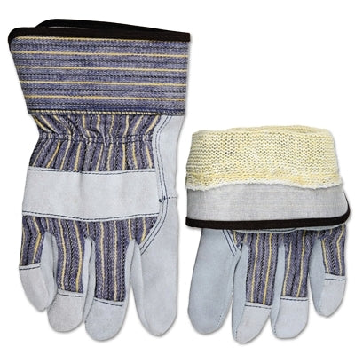 DuPont Kevlar-lined gloves, large, made of blue, yellow and black striped fabric, and gray leather