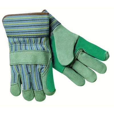 Select Split Cowhide Gloves, Large, Gray/Blue Fabric with Yellow/Black Stripes, Retail Pack