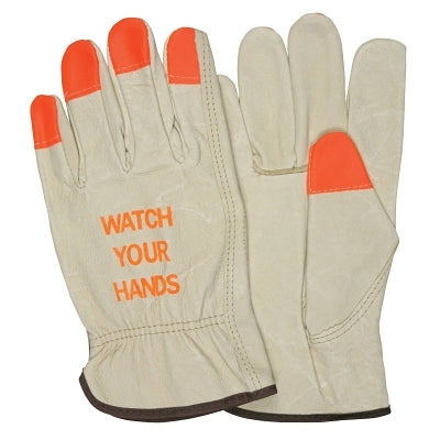"Watch Your Hands" Driver's Gloves, 3213HVI, CV Grade Cowhide Grain, Extra Large, High Visibility Beige/Orange