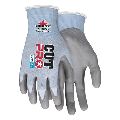Guantes CutPro® 92718PU HyperMax® recubiertos de PU de calibre 18, talla extra grande, azul claro/gris, paquete de venta