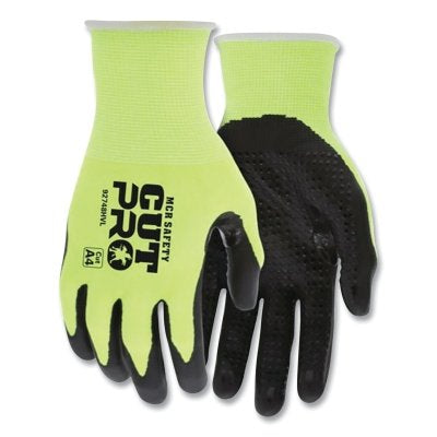CutPro® 92748HV HyperMax® 18 Gauge Nitrile Dotted Coated Gloves, Extra Small, High Visibility Lime Green, Retail Pack