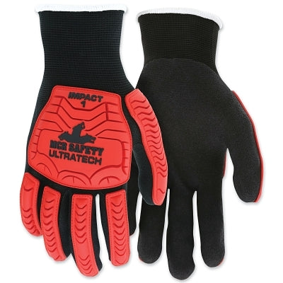 UT1950 UltraTech™ Level 1 Impact Knitted Mechanic Gloves, Small Size, High Visibility Red TPR, Black Lining/Cover, Retail Pack
