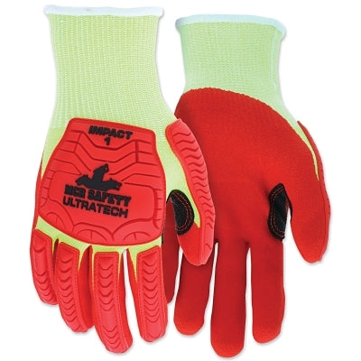 Guante de mecánico tejido UltraTech™ A4/Impact Level 1, extragrande, color lima de alta visibilidad; rojo