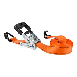 Heavy-duty ratchet tie-down strap with galvanized steel flat hooks, 2" wide x 27 feet long, 3333 lb load capacity