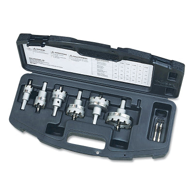 Kit de cortadores de agujeros con punta de carburo para electricistas maestros TKO, 8 piezas, diámetro de corte de 7/8 pulg., 1-1/8 pulg., 1-3/8 pulg., 1-3/4 pulg., 2 pulg., 2-1/2 pulg.