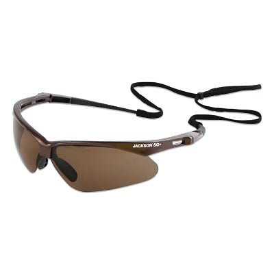 Gafas de seguridad serie SG+, lentes marrones, polarizadas, de policarbonato, con revestimiento duro antirayaduras y marco marrón.