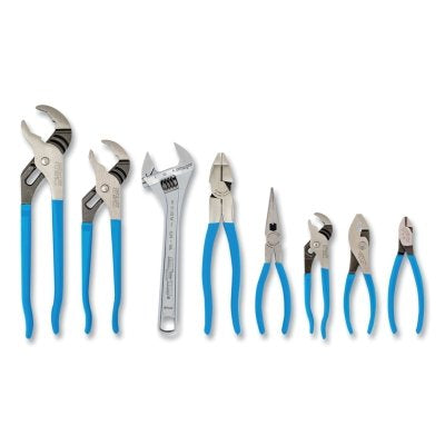 GS-28 pliers and wrench set, includes 3 V-jaws, tongue and groove, diagonal, HL lineman's jaws, long nose, sliding joint and adjustable wrench.