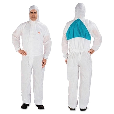 Mono protector desechable serie 4520, capucha de 3 paneles, cintura y tobillos elásticos, puños tejidos, blanco con panel posterior verde, talla 3XL