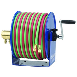 Carrete de manguera de soldadura de doble línea con manivela manual, serie 100 W. Se utiliza con manguera de soldadura de doble línea de oxígeno-acetileno de 100 pies (se vende por separado).