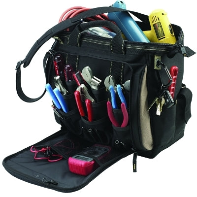Soft tool bag, 57 compartments, 35.5 cm x 18.8 cm, tan/black