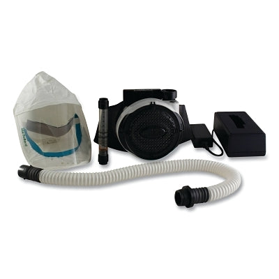 EVA motorized air purifying respirator, EVA20LF2M, includes battery, blower, breathing tube, charger and hood.