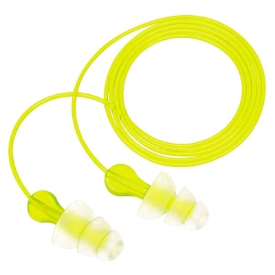 Tri-Flange™ earplugs, elastomeric polymer, clear, fabric cord