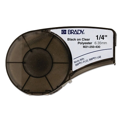 Etiqueta de poliéster transparente para componentes/paneles BMP®21 Plus Serie B-430, 21 pies de largo x 0,25 pulgadas de ancho, negro sobre transparente