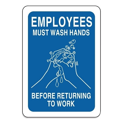 Señal "Los empleados deben lavarse las manos antes de regresar al trabajo", azul y blanca