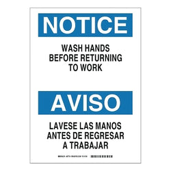 English/Spanish warning sign: Wash your hands before returning to work, 14 inches high x 10 inches wide, black/blue on white