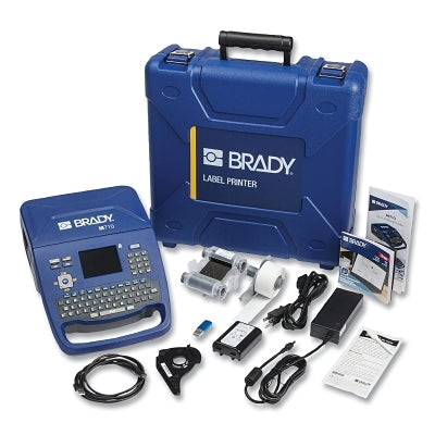 M710 Portable Label Printer (kit). Includes adapters, driver, Brady workstation, ribbon, battery, charger, and carrying case.