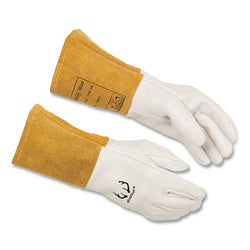 DEERSOsoft® MIG/TIG Welding Gloves, Deerskin/Split Cowhide, Large, Tan/White, Gauntlet Cuffs