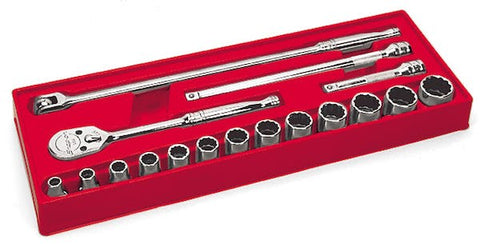 Juego de dados de servicio general SAE de 12 puntas y cuadro de 1/2" de 17 piezas