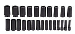 Juego de vasos de impacto profundo Flank Drive® métricos de 6 puntas con accionamiento de 1/2" de 25 piezas (10-27, 29-36 mm)