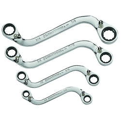 Set of 4 reversible double-box "S" shaped ratchet wrenches, inches