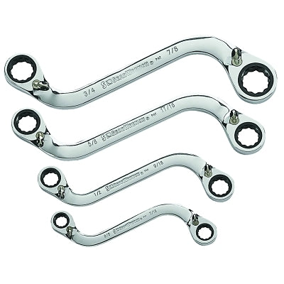 Set of 4 reversible double-box "S" shaped ratchet wrenches, inches