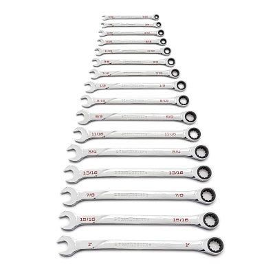 Combination wrench sets 120XP, 6; 12 point, SAE, chrome plated, 16 pieces.