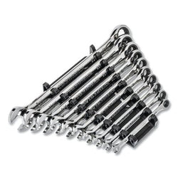 Set of 10 SAE 12-point 90-tooth combination ratchet wrenches, includes 1/4" to 3/4" wrenches and wrench holder.