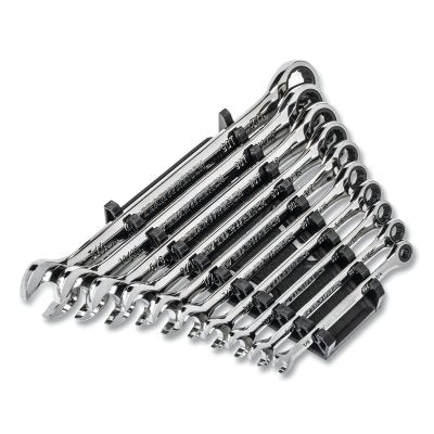 Set of 10 SAE 12-point 90-tooth combination ratchet wrenches, includes 1/4" to 3/4" wrenches and wrench holder.