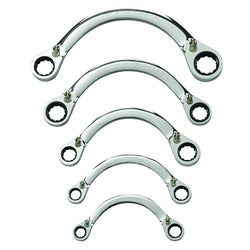Set of 5 reversible double-box half-moon ratchet wrenches, metric