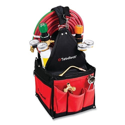 Portable kit for welding and brazing. Includes carrying bag, torch handle, nozzles, hose, suppressors, flint and steel, and gas regulators.