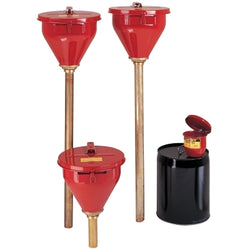 Safety funnel for drums with self-closing lid, 6-inch brass flame arrester, 2-inch drum stopper, red